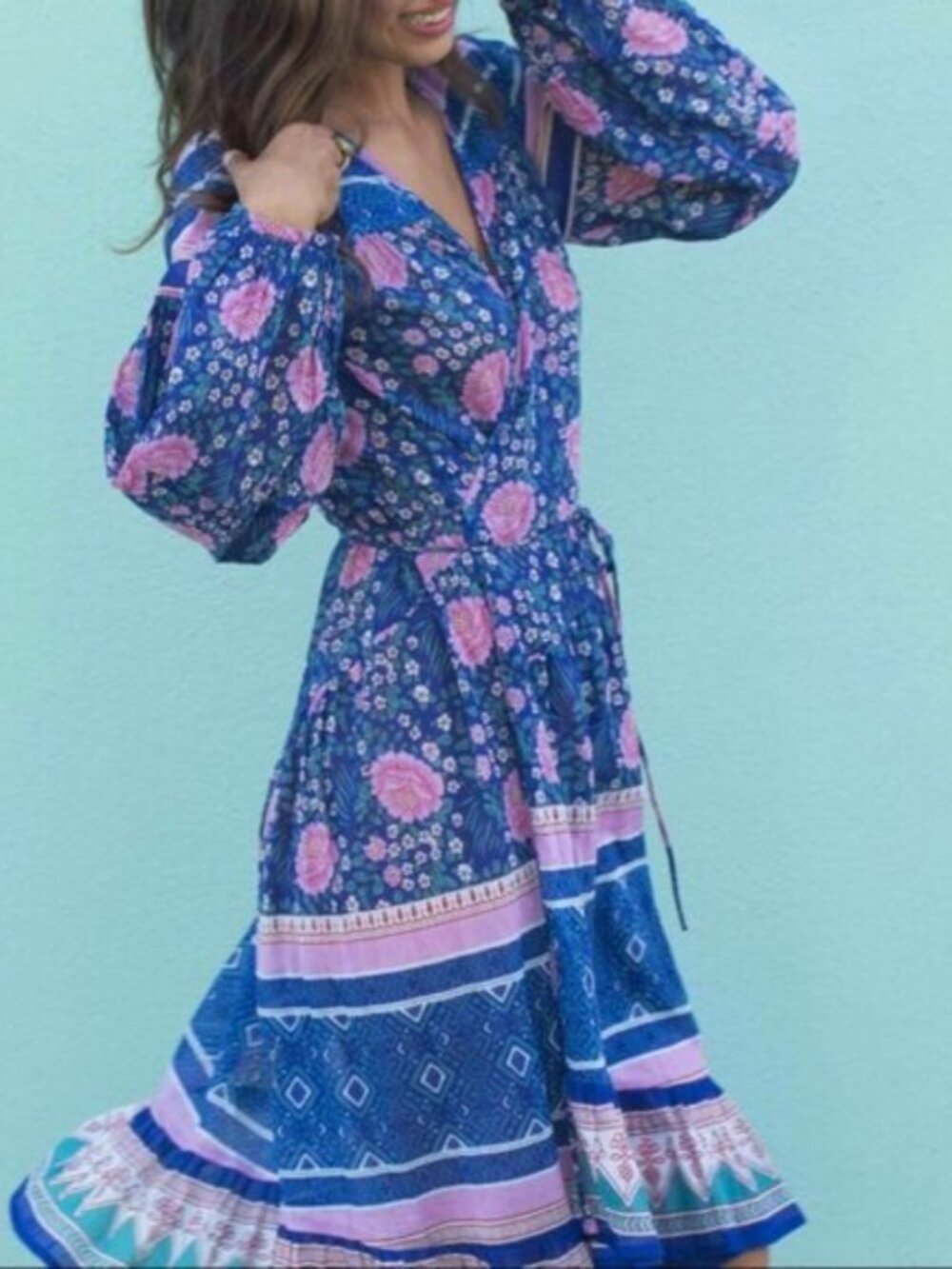 Blue Boheme Jasmine Cotton Wrap Dress Blue Pink Puff Sleeve Midi Boho